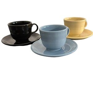 Fiesta by Homer Laughlin. 3 Cups & Saucers PLUS Blue Salt & Pepper Shakers.